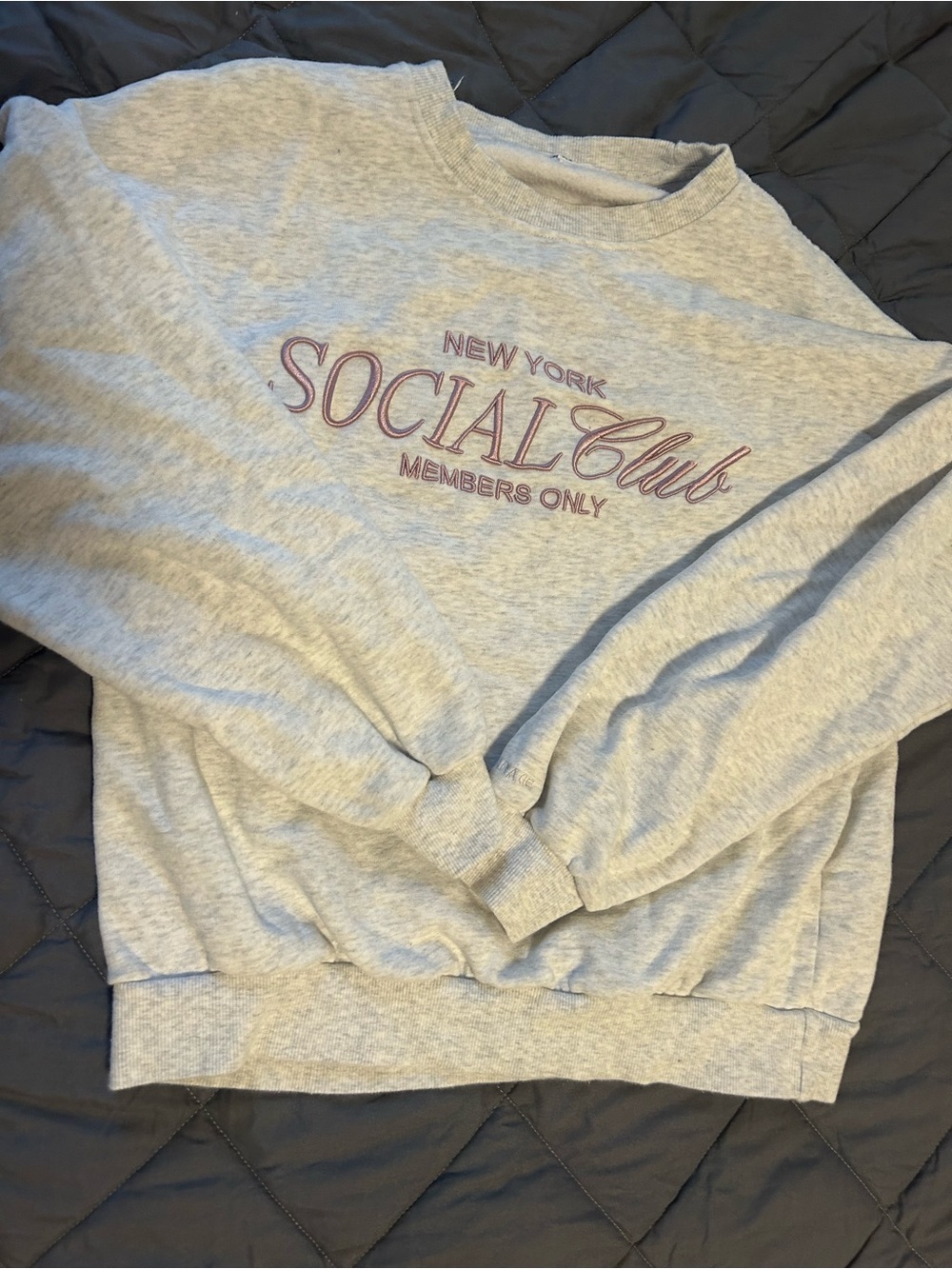 Garage Light Gray Crewneck Sweatshirt with Burgundy "Social Club" Embroidery